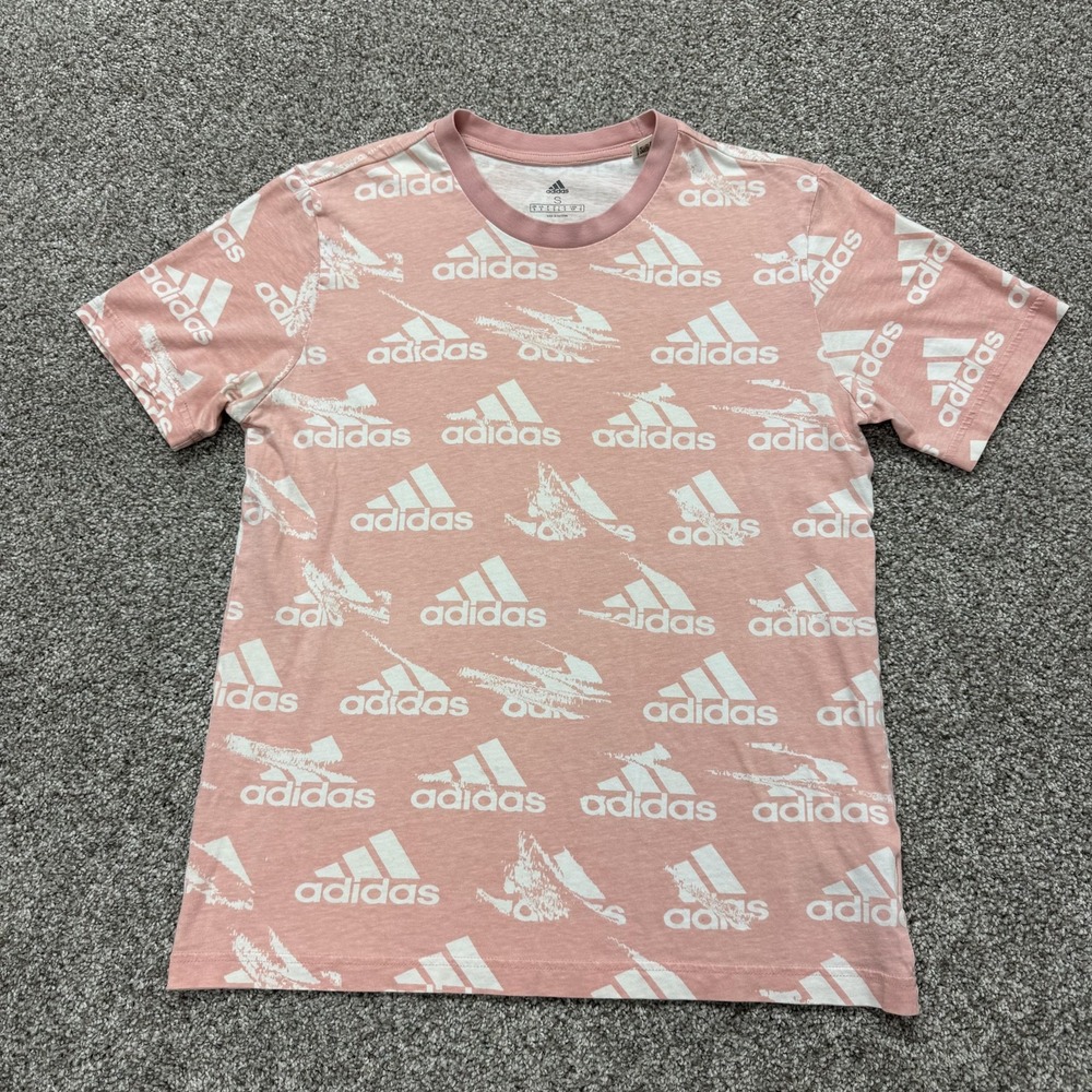 Adidas Shirt Mens Small Pink Allover Logo Graphic Tee T-Shirt Athletic Sports
